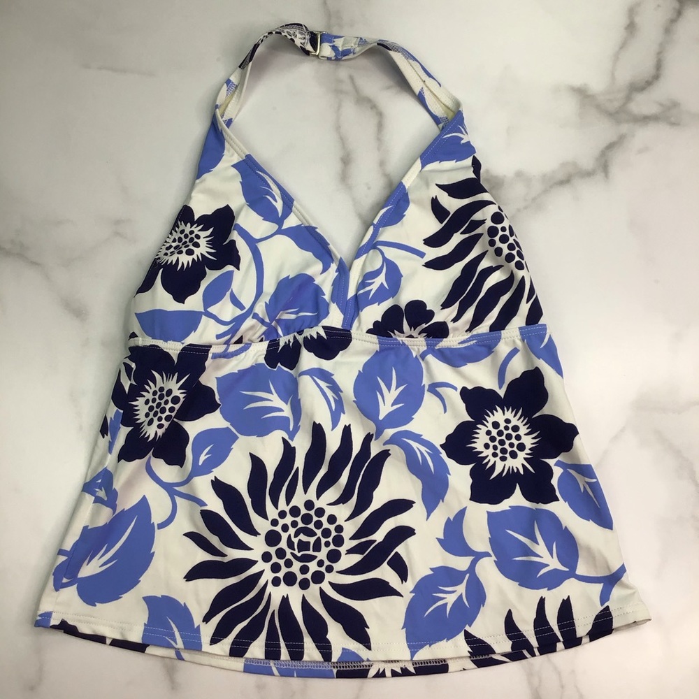 Lands End Tankini Top 10 Long White Blue Floral
